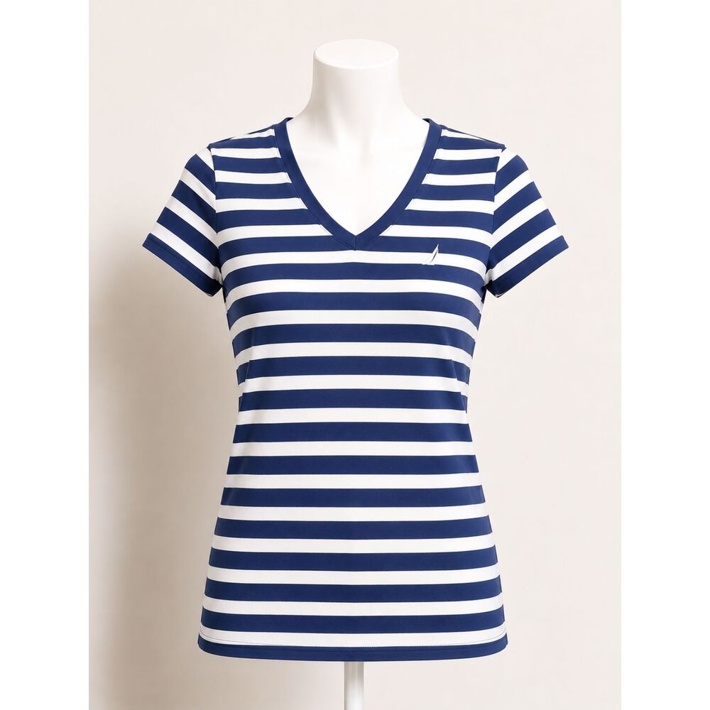 Nautica Navy & White Striped V-Neck Tee XS Short Sleeve Cotton Top